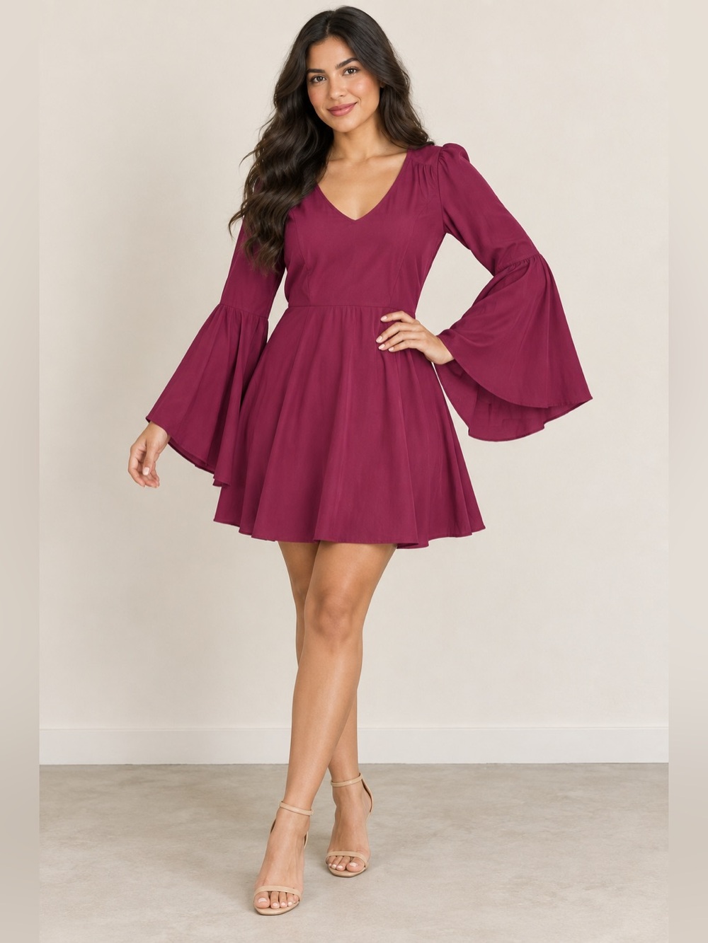 Express Women's midi cocktail dress burgandy Bell Sleeve Fit & Flare size 6